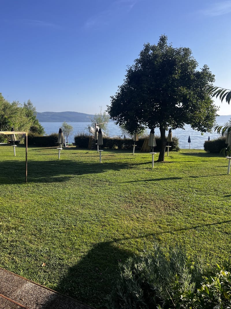 Zelený trávník se slunečníky a výhledem na jezero